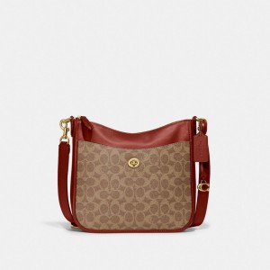 Coach Chaise Crossbody Bag In Signature Canvas Crossbodytassen Dames Bruin Rood | VP0821357