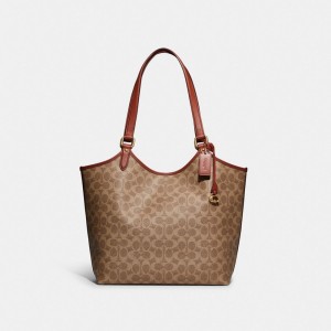 Coach Day Tote Bag In Signature Canvas Tote Tassen Dames Bruin Rood | CG8497503