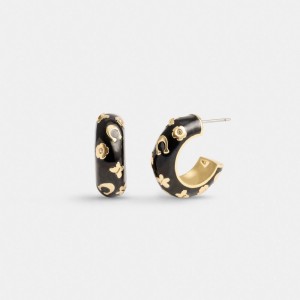 Coach Enamel Signature Floral Huggie Earrings Sieraden Dames Goud Zwart | SG3459860