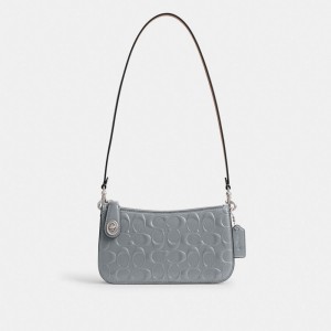 Coach Penn Shoulder Bag In Signature Leather Schoudertassen Dames Zilver Grijs Blauw | YX3802765