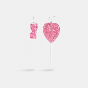 Coach The Lil Nas X Drop Cat And Heart Lollipop Mismatch Earrings Sieraden Dames Zilver Roze | RP4098627