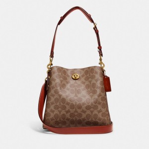 Coach Willow Bucket Bag In Signature Canvas Schoudertassen Dames Bruin Rood | BQ2851046