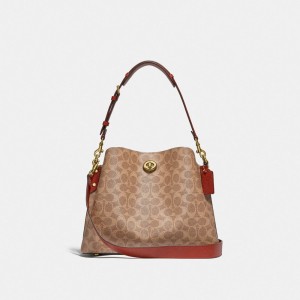 Coach Willow Shoulder Bag In Signature Canvas Schoudertassen Dames Bruin Rood | OL2508194