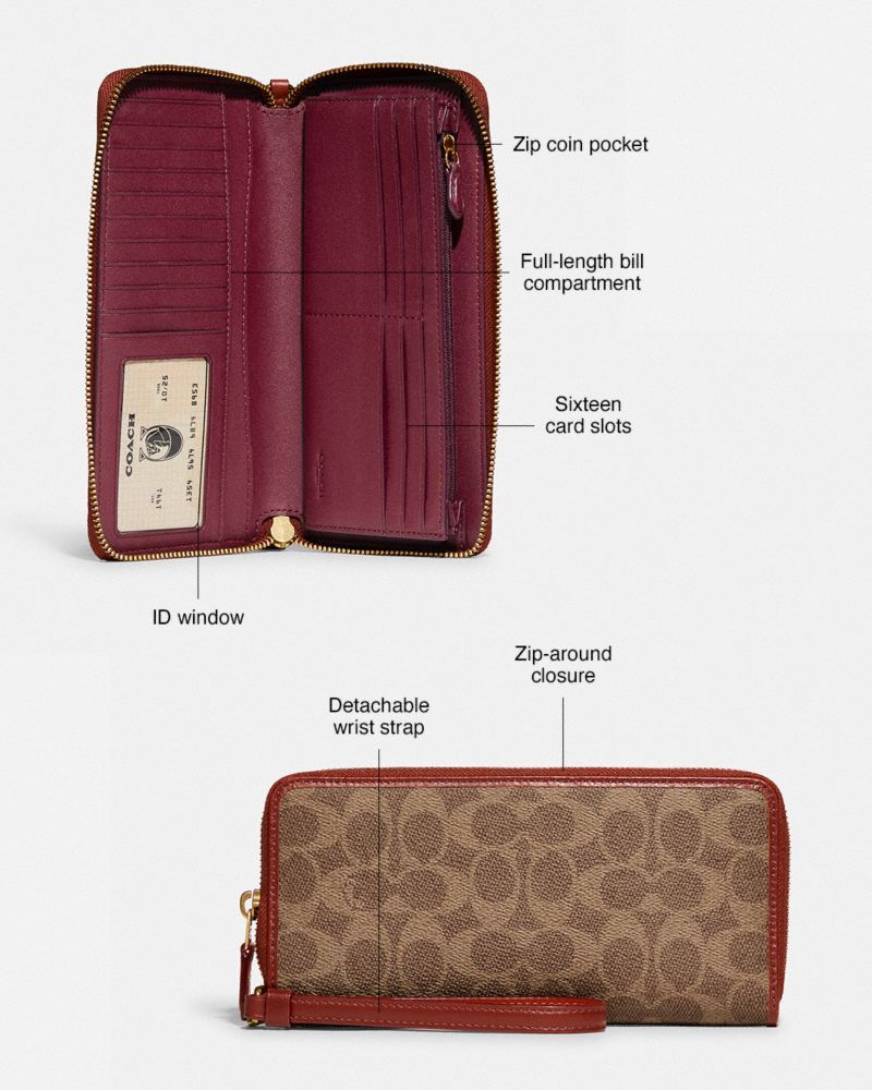 Coach Continental Wallet In Signature Canvas Grote Portefeuille Dames Bruin Rood | IO6783591