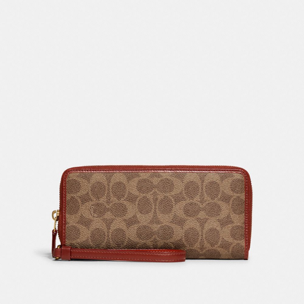 Coach Continental Wallet In Signature Canvas Grote Portefeuille Dames Bruin Rood | IO6783591