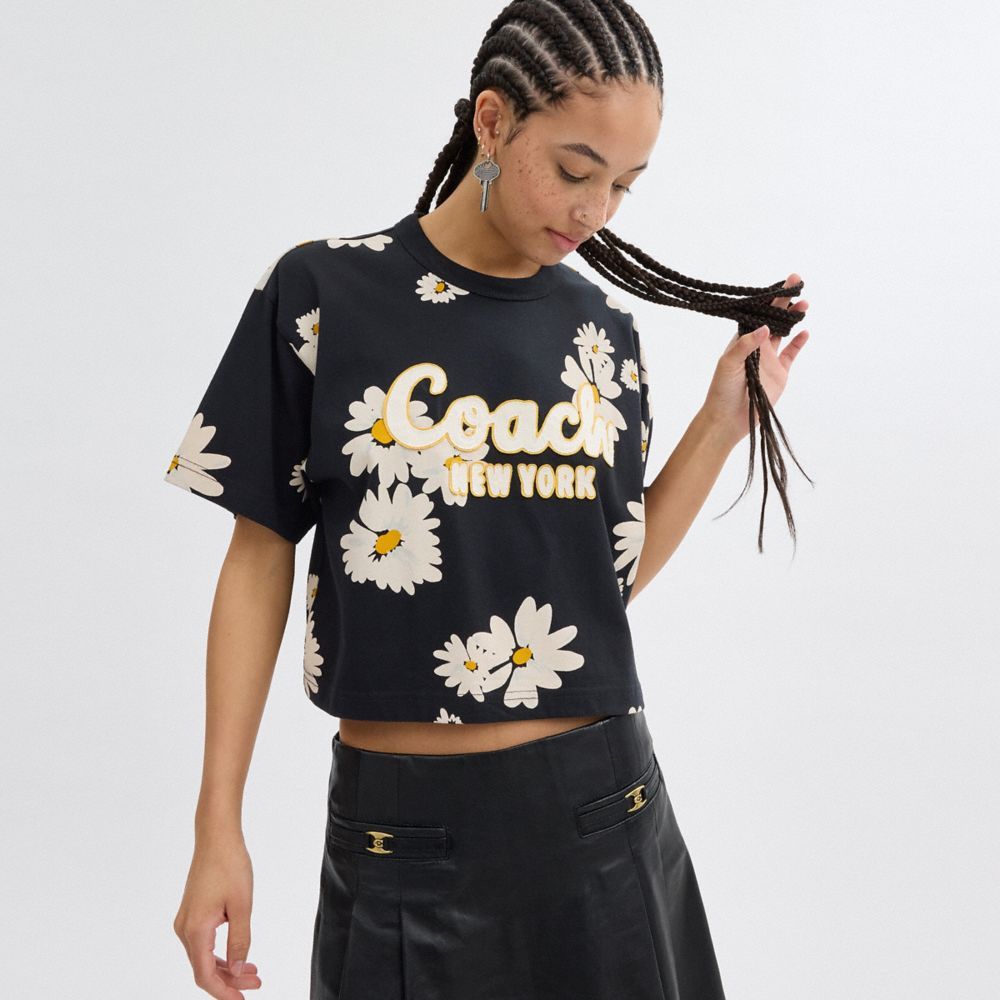 Coach Floral Cropped Signature Script T Shirt In Organic Cotton Topjes Dames Zwart | NQ1983067