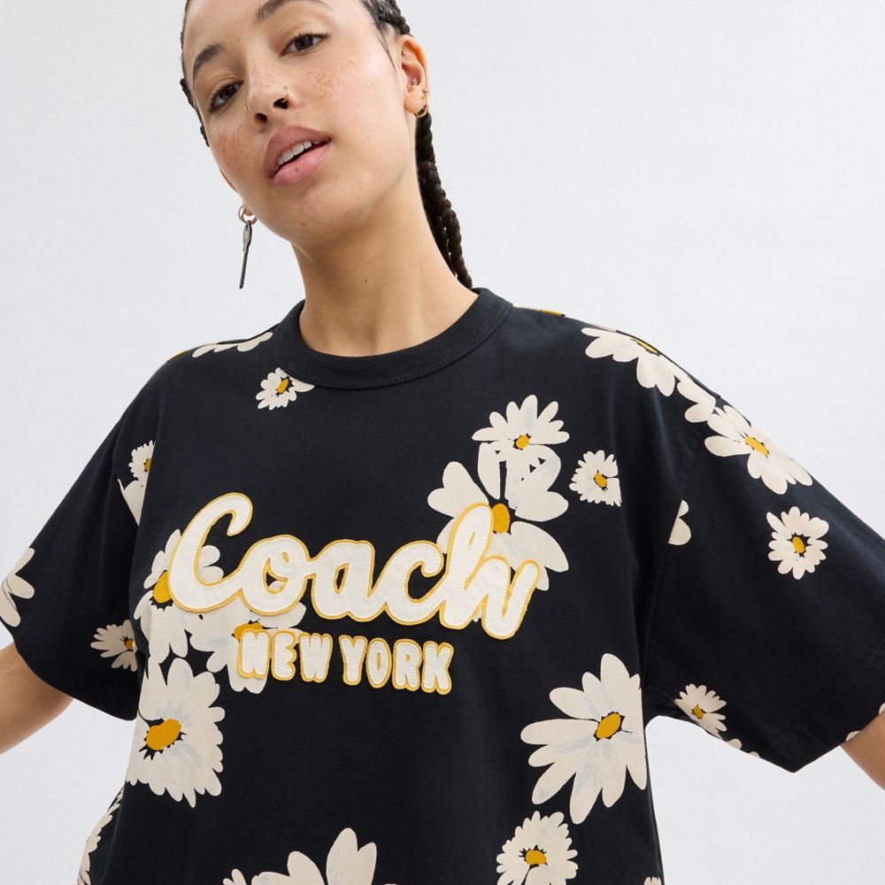 Coach Floral Cropped Signature Script T Shirt In Organic Cotton Topjes Dames Zwart | NQ1983067