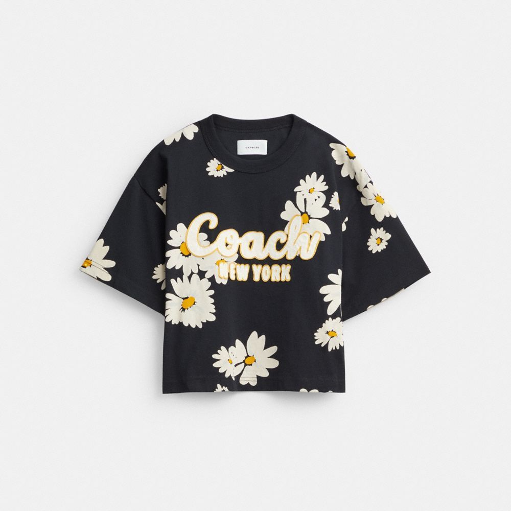 Coach Floral Cropped Signature Script T Shirt In Organic Cotton Topjes Dames Zwart | NQ1983067