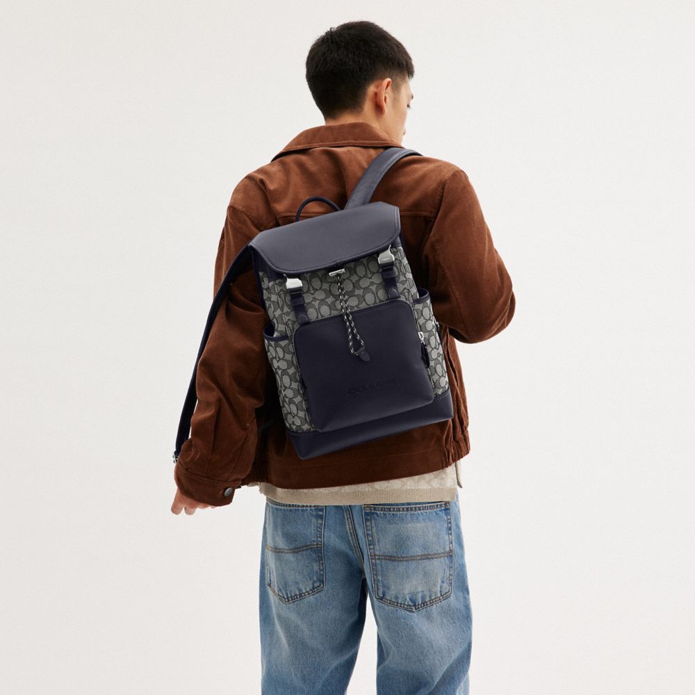 Coach League Flap Backpack In Signature Jacquard Rugzakken Heren Donkerblauw | SZ2395681