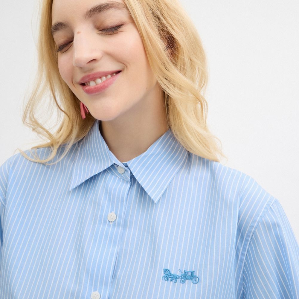 Coach Striped Cropped Button Up Shirt Topjes Dames Blauw Gekleurd | DN2930768