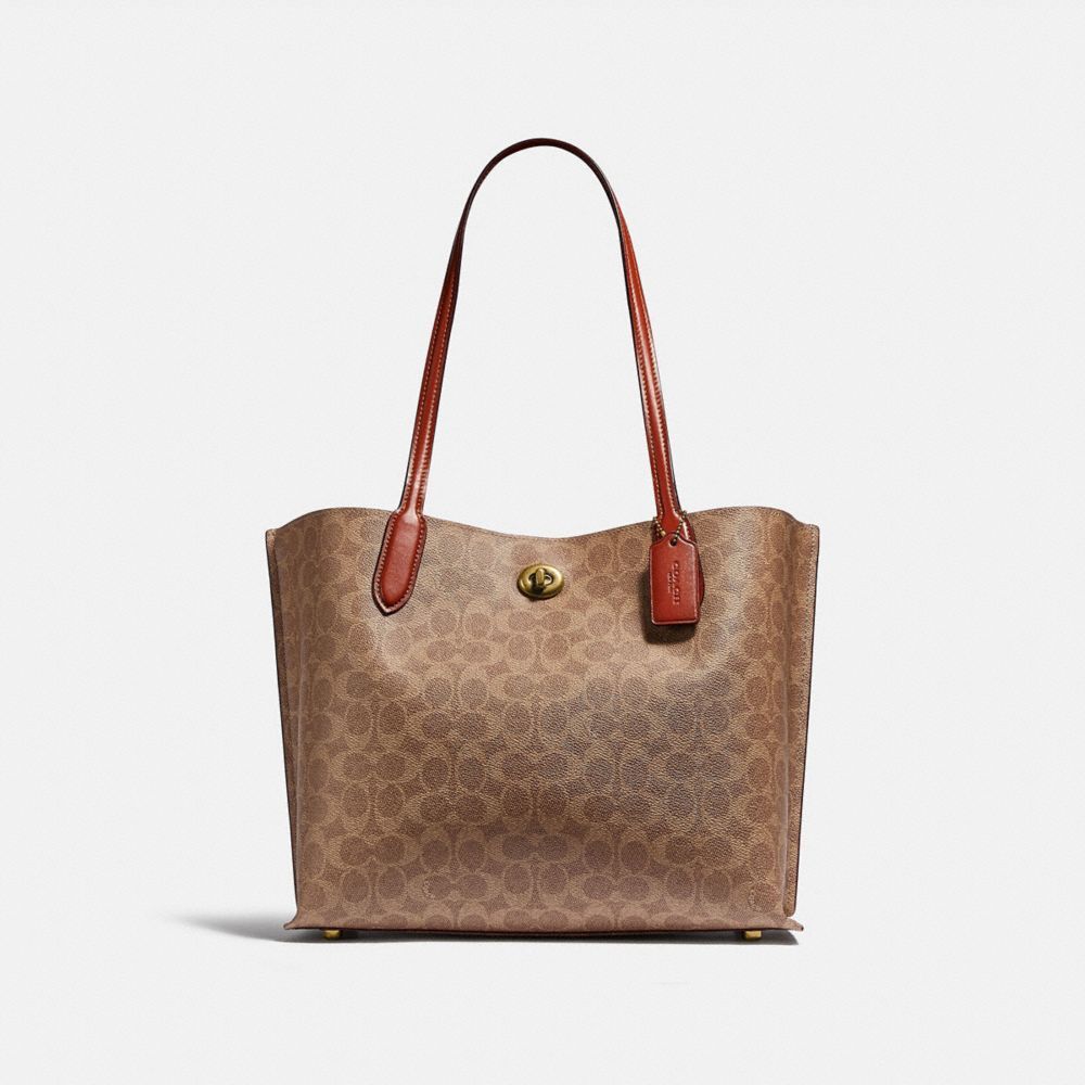 Coach Willow Tote Bag In Signature Canvas Tote Tassen Dames Bruin Rood | OH0219364